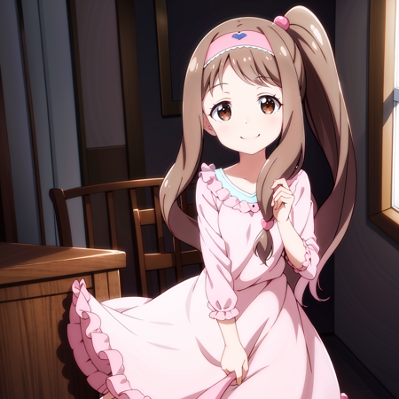 kinue long hair, brown hair, hairband, brown eyes, ponytail, side ponytail