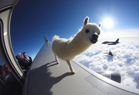 “A llama jogging on the wing of an Airbus, its fluffy fur billowing in the wind as it moves, looking directly at the viewer through the window of the plane. The scene is captured with a cheap GoPro camera using a hyper fisheye lens, creating a distorted, wide-angle view. The plane is cruising high above the clouds, sunlight reflecting off its metallic surface. Inside the cabin, passengers are visible through the window, clearly startled by the sight. The llama has an unsettling, creepy smile, adding a surreal and eerie atmosphere to the scene. In the background, an F-35 fighter jet floats among the clouds, intensifying the bizarre, dreamlike quality of the moment.”