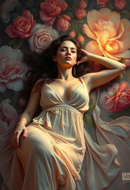 A modern woman reclining in a dreamlike setting, where rich floral backgrounds and soft romantic hues evoke symbolism, but the lighting and brushwork feel electric and contemporary.
ethereal fantasy realism, fluid expressive brushwork, rich Symbolist color palette, glowing cinematic lighting, flowing Art Nouveau drapery, sensual and dreamy atmosphere, intricate ornate details, neon-infused highlights, mythological and romantic storytelling