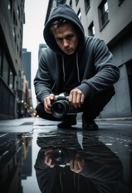 Low-angle, close-up view of a person holding a camera.  Urban setting, with city buildings in the background.  Mid-adult, light-skinned male, dressed in a dark gray or black hoodie.  The man's expression is contemplative, focused on the camera lens.  His pose is centered, holding a dark-colored DSLR camera. The camera lens is reflecting a street scene, creating a distorted perspective of the city alleyway.  The reflection within the lens displays a wet, urban street, with a detailed view of the wet pavement and steps.  The colors in the reflection are muted and gray-toned, contrasting with the overall dark palette of the image.  The lighting is dramatic, moody, and creates a strong sense of atmosphere.  The focus is sharply on the lens, creating a shallow depth of field.  The textures of the clothing and camera are apparent.  A strong use of perspective, with the viewer inside the camera lens.  City urban street scene with concrete and buildings, creating a dark and mysterious mood. Urban contemporary style photo.  Wide-angle lens perspective. High contrast lighting, dramatic shadows.  A dramatic urban cityscape, the reflection of the street in the lens.