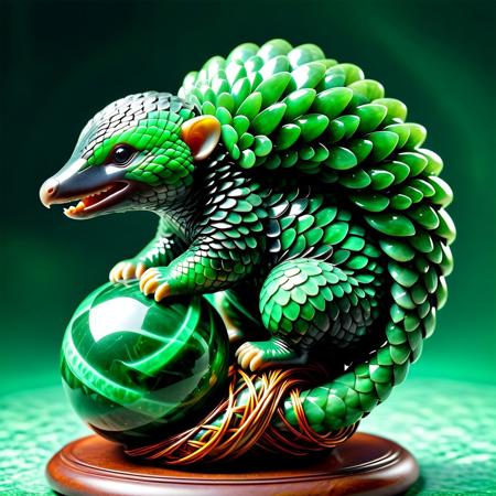 Obsidian Jade Style, An adorable baby pangolin, its entire body intricately crafted from polished green obsidian jade, each scale individually defined and catching the light, playing with a brightly colored yarn ball that's unraveling in a dynamic swirl, the scene captured as if frozen in time, highly detailed, sharp focus, tilt-shift, depth of focus, macrophotography, 4K, 8K, postprocessed, masterpiece, absurdres, made out of, mint, jade, green, fresh, refreshing
