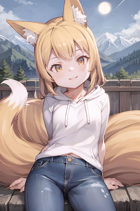 <lora:Jingai-Modoki-UMCEKO-V1-Final:1>, jingai modoki, arms behind back, resting on fence, mountains, rivers, stars, smiling, 1girl, white hoodie, hood down, jeans, blonde hair, fox ears, fox tail