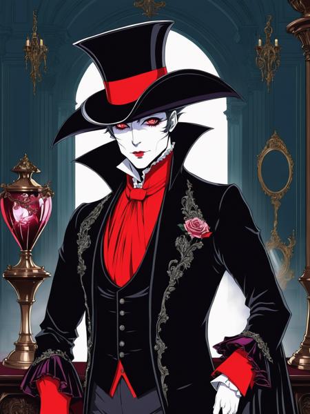 graphical anime portrait of A charming vampire aristocrat, clad in opulent Victorian attire:1.3, in a lavish gothic mansion:1.3, with hypnotic crimson eyes:1.3, an air of sophistication:1.3, and a thirst for blood:1.3., Neon , <lora:Fusion_Graphic_SDXL:1>