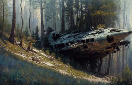 (impressionism:1.05), A crashed spaceship , Cliff/Bluff, pine forest, (jeremy mann:0.7), a painting,scene painting,scenery,