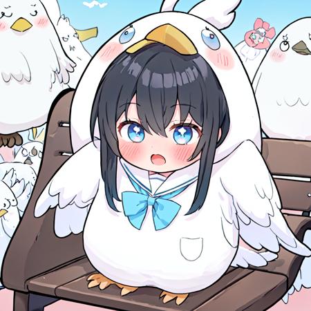 (masterpiece:1,2), best quality,bird costume <lora:bird costume:1>
production art,1girl, school uniform, long hair, aragaki ayase, black hair, blue eyes, serafuku, solo, kousaka kirino's school uniform, blush, open mouth, bench, sitting, skirt, looking at viewer,