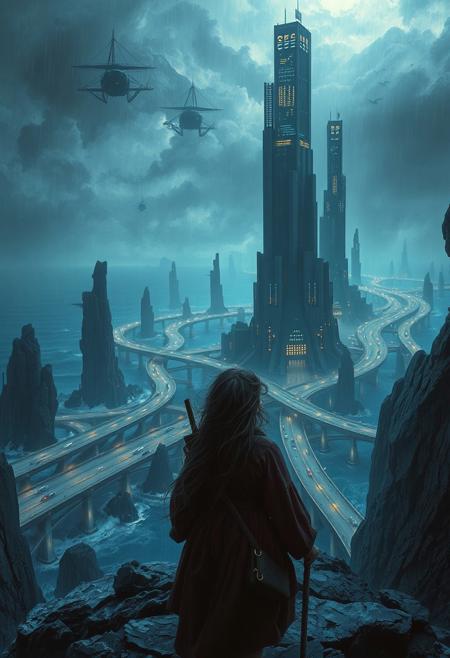 A sprawling cybernetic city with colossal spires and floating highways bathed in neon lights, Nordic realism, smalt blue color palette, dramatic lighting, coastal atmosphere, Danish seascapes, fishermen life, emotional naturalism, rugged textures, windswept landscapes, deep shadows, realistic portraiture, maritime mood, stormy skies, cool tones, traditional clothing, expressive composition, windblown hair, North Sea ambiance, melancholic beauty, 19th century Danish art
