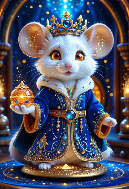 breathtaking detailed, masterpiece, absurdres, awe-inspiring, best quality, vibrant colors, adorable fantasy mouse mage, large expressive glowing orange eyes, cute round face with soft white fur, wearing ornate golden crown with blue gemstones, detailed intricate jewelry, majestic royal blue robe with golden embroidery, glowing magical plate with swirling golden energy, sparkling particles floating, cinematic lighting, highly detailed fur texture, intricate costume design, perfect sharp focus, bokeh background, magical atmosphere, ultra high resolution, 8k, maximum cuteness, adorable fantasy character, plush soft fur, epic fantasy setting, studio quality illustration, vibrant colors, warm glowing effects, intricate metalwork, detailed paws with small claws<lora:sdxl_crazywhatever-style.safetensors:1.0:1.0>