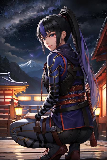 kunimitsu ii, 1girl, solo, looking at viewer, potrait, close-up, night, starry sky, temple, mountains, rocks, sea, training ground, (masterpiece:1.2, best quality)