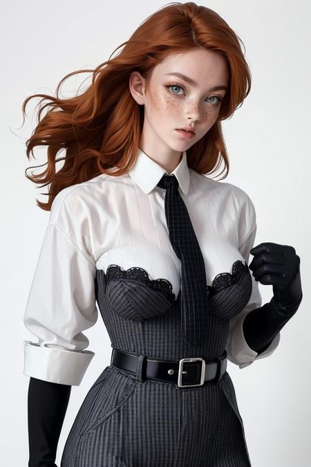 su1tju, white shirt, black gloves, belt, bodysuit, black necktie,