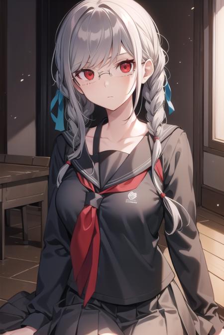 pekopekoyama, <lora:pekopekoyama-lora-nochekaiser:1>,
peko pekoyama, braid, long hair, (red eyes:1.5), twin braids, glasses,
BREAK black pantyhose, black shirt, brown footwear, collarbone, pantyhose, pleated skirt, school uniform, serafuku, shirt, shoes, skirt,
BREAK looking at viewer,
BREAK indoors, classroom,
BREAK <lyco:GoodHands-beta2:1>, (masterpiece:1.2), best quality, high resolution, unity 8k wallpaper, (illustration:0.8), (beautiful detailed eyes:1.6), extremely detailed face, perfect lighting, extremely detailed CG, (perfect hands, perfect anatomy),