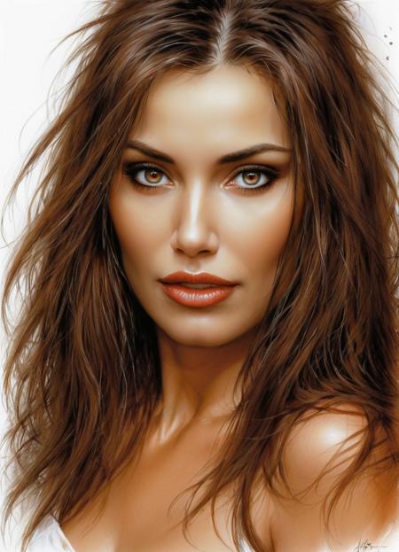 abstract style highly detailed face,hazard eyes,by Luis Royo . non-representational, colors and shapes, expression of feelings, imaginative, highly detailed, woman 35yo,hazard eyes,brown long hair,by Luis Royo
