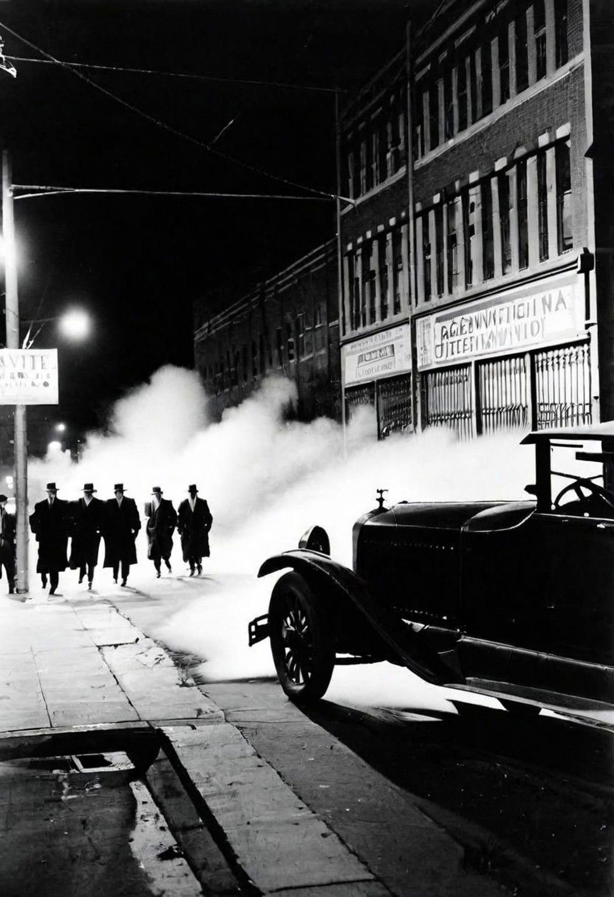 A group of people walking past a car at night with smoke billowing in the background.