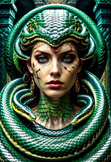 [Medusa, a powerful and alluring woman with snakes for hair, gazing intensely forward, a blend of defiance and sorrow in her expression; slight blood staining her skin], [Digital painting, dark fantasy, art nouveau influences], [Inspiration drawn from classical depictions of Medusa, with a modern, cinematic feel reminiscent of fantasy film posters], [Dark teal and green color palette, dramatic lighting with a focus on her face, emphasizing the texture of the snakes and her skin, highly detailed rendering of scales and hair, background suggestive of a dark, ancient temple or cavern, atmospheric perspective creating depth, sharp focus on Medusa's face, slightly blurred background]