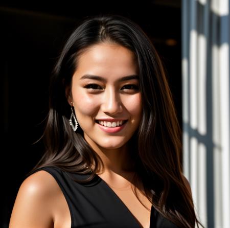 RAW photo, face portrait photo of beautiful 26 y.o woman, cute face, wearing black dress, happy face, hard shadows, cinematic shot, dramatic lighting