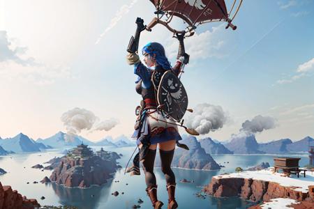 Highly detailed, High Quality, Masterpiece, beautiful, Paragliding, <lora:Paragliding:0.8>, 1girl, solo, arms up, flying, in the air, backview, Raiden_Shogun_\(genshin impact\), Raiden_Shogun:1.2, blue hair, long hair, <lora:Char_GenshinImpact_RaidenShogun:0.8>, (detailed face and eyes:1.3)