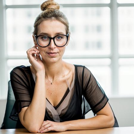 Alice_Weidel, 44 years old woman, blue eyes, wears round glasses, ((wears a bun)) ,long blond hair, (detailed hair:1.4),((wearing a black sexy closed blouse)), RAW photo, subject, 8k uhd, dslr, soft lighting, high quality, film grain, Fujifilm XT3 <lora:add_detail:0.1>