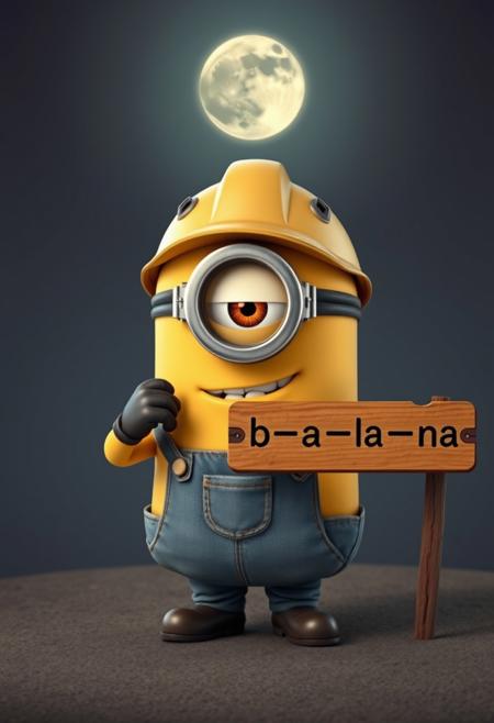 a  minion from despicable me, gloriuos skin , dressed as industrial worker , meth user look, (one eye:1.2), funny expression, (looking at viewer:1.1). holding a banana, pitch pastel background only illuminated by moon, wooden sign "ba - na - na" perfect banana, banana pointed at viewer, Highest quality, masterpiece, 4k, concept art,