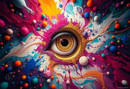 A surreal journey through a kaleidoscopic dreamscape, where vibrant paint splatters come alive, swirling around a mesmerizing golden eye that holds secrets of another dimension. @HailuoAI
