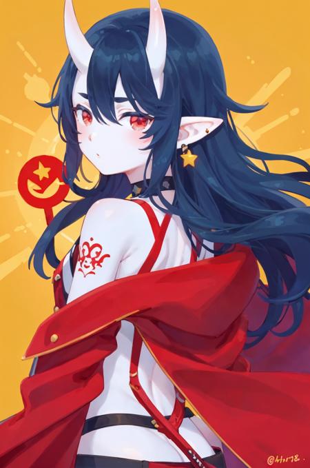 flatflower, solo, jewelry, 1girl, earrings, horns, weapon, long hair, blue hair, looking at viewer, sword, oni horns, red eyes, oni, jacket, tattoo, upper body, pointy ears, looking back, off shoulder, holding, from behind, choker, hair between eyes, katana, red jacket, long sleeves, colored skin, bangs, sun, twitter username, yellow background, knife, flat color, nail polish, sunburst, bare shoulders, star (symbol) <lora:flatflower:1>