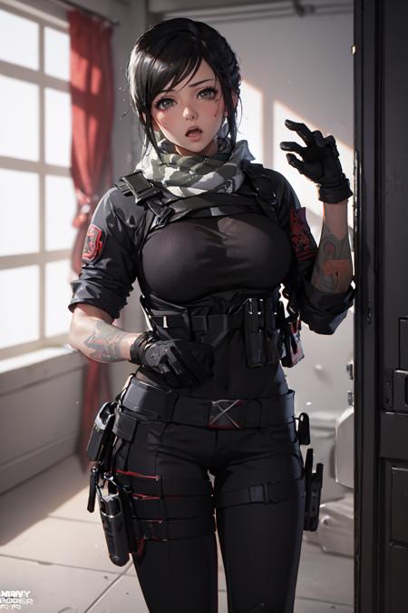 (masterpiece, best quality:1.2),  <lora:mara_(call_of_duty):.9>, mara (call of duty), 1girl, solo, black hair, gloves, scarf, tattoo, military, breasts, holster, pants, load bearing vest, looking at viewer, lying, open mouth, arm up, hand on own chest, :o, indoors