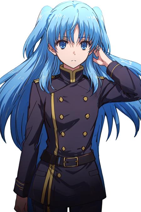 masterpiece,best quality,1girl, solo,blue hair, blue eyes,uniform,military uniform, belt, sword, two side up,facing viewer, <lora:ChthollyV3-military:0.6>, white background, simple background, <lora:add_detail:0.5>, <lora:GoodHands-beta2:1>