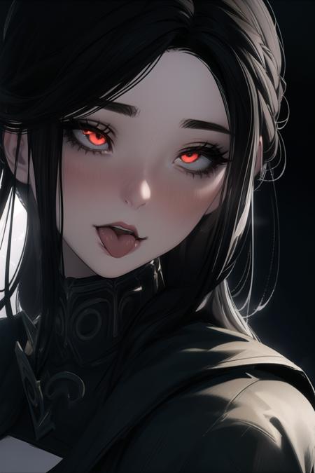 masterpiece, best quality, (colorful), (delicate eyes and face), volumetric light, ray tracing, extremely detailed CG unity 8k wallpaper, dark theme, low key, <lora:Serana_5_10:0.7> serana, 1girl, red eyes, looking at viewer, upper body, ahegao, blush, tongue out, gloomy castle, dark, <lora:ahegao:0.8> <lora:LowRA:0.5>