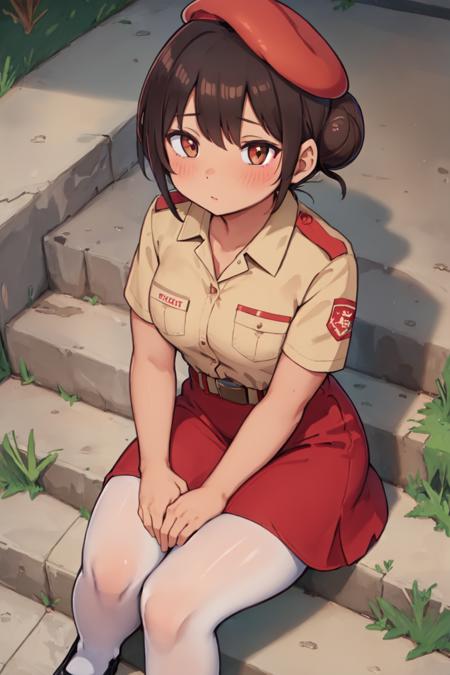 1girl (cm uniform:1.1) ((tan skin)) [short sleeves brown shirt, school emblem, breast pocket, collarbone::4] (red skirt:1.05) (white pantyhose:1.2) (brown shoes:1.15)
(full body:1.1) solo, (sitting on stairs:1.15), (forehead:1.1) single hair bun, medium breasts, black hair, brown eyes,
BREAK (masterpiece, best quality:1.2), brown belt, red beret, cloud, (pencil skirt:0.9)
<lora:cm2fin:1>
<lora:NeisanStyle:0.4>
<lora:camonome_e8:0.3>
<lora:kase_daiki_v0.1:0.2>