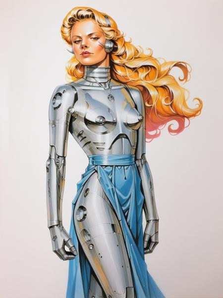 cybercore, science fiction, traditional media, retro artstyle, bodysuit, robot, cyborg