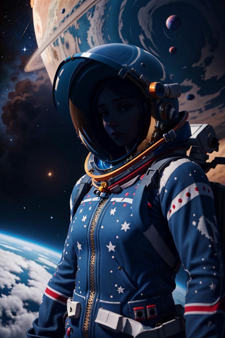 <lora:VRAMsOnesie:0.5>, vramsonsie, 1girl, solo, space suit, space helmet, milky way, saturn, floating in space in the vast expanse of outer space, black spacesuit, closeup, hood up