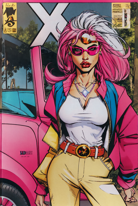 JoeMad, masterpiece, best quality,1girl, solo, pink skin, long hair, tinted eyewear, necklace, flat color, motor vehicle, jewelry, ground vehicle, album cover, mole, jacket, mole under mouth, sunglasses, pink hair, cowboy shot, pink-tinted eyewear, belt, pants, jacket on shoulders, bangs, white hair, car, shirt, colored skin, pink theme<lora:JoeMad-10:1>