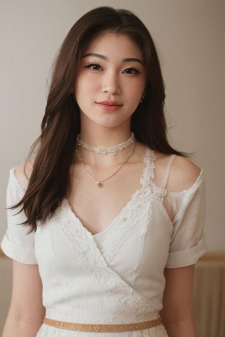 ((one pretty japanese girl)), solo, black hair , (messy bob hair), collarbone, big tits, cleavage, necklace, jewelry, orange patterned dress, looking at viewer, indoor, bokeh, upper body, film grain, cowboy shot, epiCPhoto, (extreamly detailed pupil, extreamly detailed eyes,(proportional eyes, same size eyes),perfect eyes looking, bright eyes,(detailed eyes), long eyelash, downing eyes), (looking at viewer),((proportion body)), (extreamly detailed face, extreamly detailed eyes, extreamly detailed nose, extreamly detailed lips), ((shiny skin)), ((jawline, strong jawline), ((dimple)), collar choker, Messy long hair, epiCPhoto,BadDream , ((smirk))
