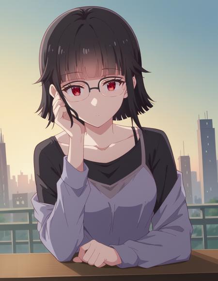 kaho fujinami, short hair, bangs, black hair, red eyes, glasses, blunt bangs, medium breasts, shirt, long sleeves, collarbone, black shirt, camisole,