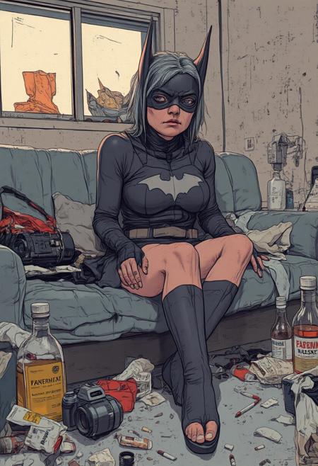 Surreal anime illustration of batgirl in her late 60s. Hair is untidy, badly dyed and unwashed. overweight, sagging breasts. outfit is too tight, too short. heels. wrinkled face. smeared heavy makeup. Sat sad and drunk on a sofa in a rundown dirty motel room with poor light and no windows. legs spread. film camera, packets of cigarettes, and whisky bottles lie around the room.