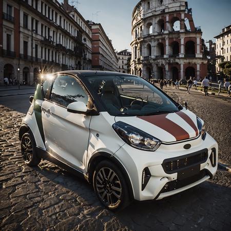 1(drc city car) (red, white and green striped:1.2) in Rome, Colosseo in the behind, early morning summer dawn light, masterpiece, best quality, anime, highly detailed background, perfect lighting, best quality, 4k, 8k, ultra highres, raw photo in hdr, sharp focus, intricate texture, best quality, 4k, 8k, ultra masterpiece, 4K, high quality, dgtlv2   <lora:drccitycar_v0.3-000003:1>