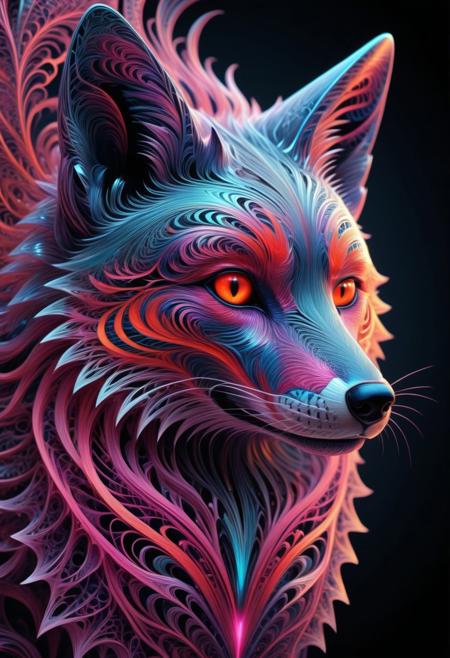 A bo-romance digital drawing reimagined in a whimsical, artistic Fractangles style. The close-up of a fox’s head and upper body is transformed with geometric fur patterns in shades of gray and black, each strand glowing with neon red fractal accents. Its striking, vivid red eyes are now intricate, kaleidoscopic fractals, radiating a mystical, otherworldly energy.
The background shifts from soft pastel pink to a dynamic fractal gradient, blending neon pinks, purples, and blacks, with floating geometric shapes and swirling fractal designs. To the right, a large, 3D geometric heart glows with a delicate, flowing texture, its surface alive with shifting fractal patterns.
In the foreground, a single pink flower is reimagined as a crystalline, fractal bloom, its petals glowing softly. The color palette balances muted tones with vibrant neon highlights, creating a dreamy yet surreal atmosphere. The texture is smooth and polished, with intricate shading and fractal detailing that adds depth and realism, blending romance with the infinite beauty of fractal geometry.