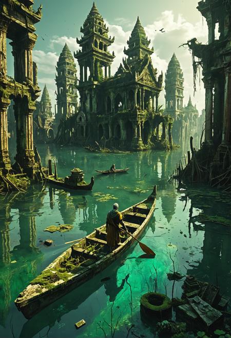 A partially submerged ruined water city with crumbling golden temples and half-sunken towers, overgrown with vines and moss, faded grandeur, canals filled with driftwood and scattered relics, a lone traveler paddling a weathered boat through the emerald waters, melancholic light, ancient fantasy decay.