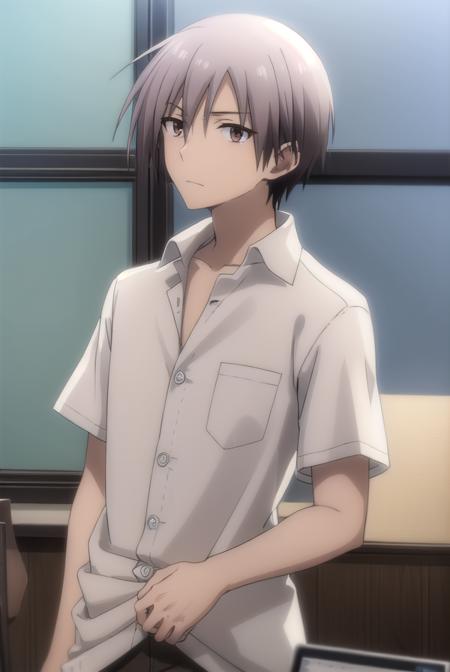 ayumuaikawa, <lora:ayumu aikawa s2-lora-nochekaiser:1>,
ayumu aikawa, short hair, grey hair, (brown eyes:1.3), male focus,
BREAK short hair, shirt, white shirt, collared shirt, pants,
BREAK indoors, classroom,
BREAK looking at viewer, (cowboy shot:1.5),
BREAK <lyco:GoodHands-beta2:1>, (masterpiece:1.2), best quality, high resolution, unity 8k wallpaper, (illustration:0.8), (beautiful detailed eyes:1.6), extremely detailed face, perfect lighting, extremely detailed CG, (perfect hands, perfect anatomy),