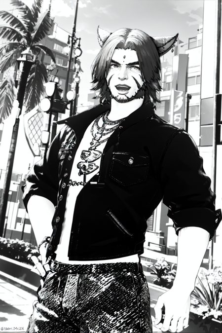 Contrast Pop Art, solo, shirt, 1boy, animal ears, jewelry, jacket, monochrome, upper body, greyscale, male focus, outdoors, open clothes, cat ears, necklace, twitter username, tree, hand on hip, facial hair, facial mark, beard, miqo'te, cat boy, gradient theme, dynamic angle, dynamic pose, specular highlights, <lora:Contrastv2:0.75>