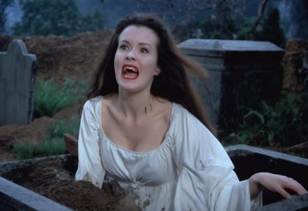 cinematic film still close-up of a young vampire woman with pale skin and (fangs:1.2) rising from a grave, screaming, white nightgown covered in mud, half buried in soil, rainy weather, long wet hair, cemetary at night, gravestone in background, <lora:h4mm3r:0.8>