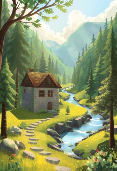ChildBook,

A stone house in a sunlit valley, surrounded by forest. A gentle stream meanders into the distance. Peaceful serenity