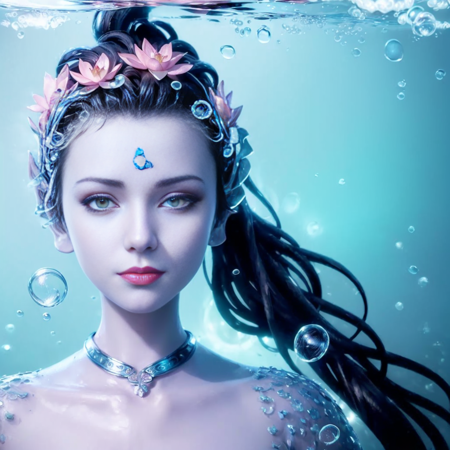 bere, a woman with red hair and a blue and silver headpiece,<lora:bere-10:0.5>,(illustration:1.8),(best quality),(masterpiece:1.5),masterpiece,extremely detailed CG unity 8k wallpaper),depth of field,dramatic angle,(Silver detailed cyan_ribbon and white flowers in the girl's long black_hair:1.25),(braid), (detailed beautiful face:1.3),detailed symmetrical_Blue_eyes,(Ancient palace background far away:1.55),A slight light, (pink flower:1.2),chiaroscuro, ((lotus) in beautiful detailed flowing_clouds_sea:1.3), Rayleigh scattering,(feather headdress:1.15),grass background,nature,((very wide shot)),(((Underwater))),Deep focus,Watermaker(bubbles:1.5),turtles,corals,Floating clothes,bottle with stopperwater in bottle