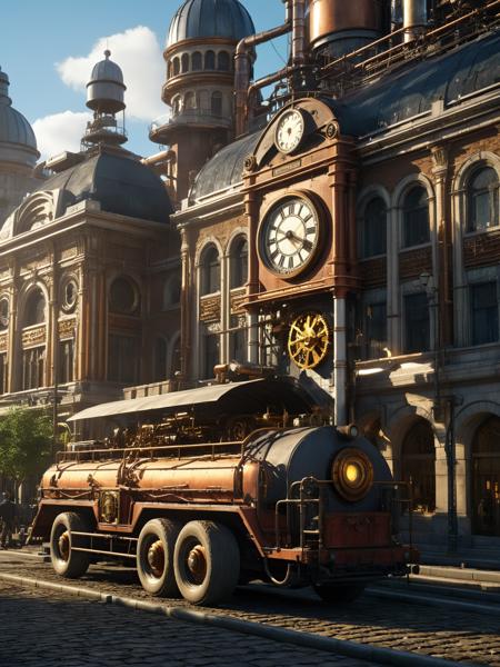 <lora:JJsSteamPunk_XL:1>, ((SteamPunk))  ((best quality)),((masterpiece)),((realistic)),  RAW photo, subject,soft lighting, high quality, outdoors, sky, day, cloud, ground vehicle, building, scenery, road, real world location, truck, flag, , sunlight, public blocks,daytime,lively city streets, enough detail, high resolution,super realistic, Photorealistic, highly detailed, clock,