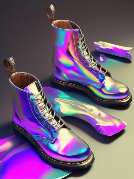 <lora:MADEOFIRIDESCENTFOIL:1>MADE OF IRIDESCENT FOIL + a holographic transparent shoe by dr.martens, octane render, blender, realistic, detailed