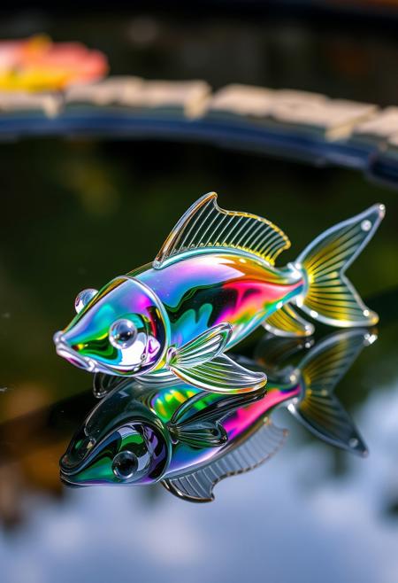 glass fish, made of glass, completely transparent, reflective iridescent surface, glass art, colorful, translucent, floating on the surface of the pond, 
best quality, sharp focus, high contrast, colorful, ultra quality, 8k, best quality,