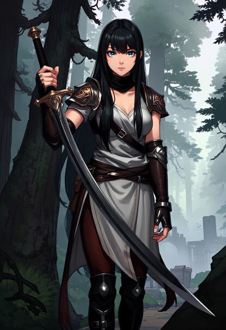 sehele style, fca_style, anime, Fantasy warrior, manga-inspired, centered, holding a curved sword, 1woman, athletic, strong facial features, long black hair that falls down her back like a waterfall, piercing blue eyes that seem to see right through you, leather armor that is worn but still intact, with intricate golden accents on the shoulders and chest. She wears a sleeveless white linen shirt underneath, tied at the waist with a thin black sash. Her pants are dark brown leather, tucked into knee-high black boots with silver buckles. A dense forest with towering trees and a misty atmosphere, with hints of ancient ruins in the distance.