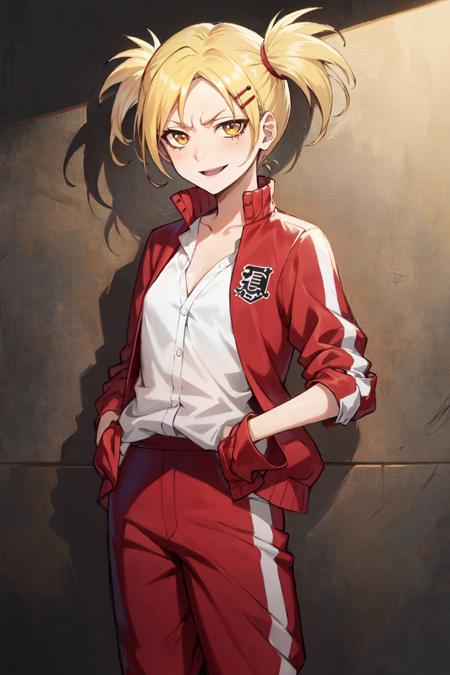 <lora:ch-sarugakihiyori:1>, sarugaki hiyori, barefoot, blonde hair, yellow eyes, short twintails, small breasts,
open jacket, red jacket, white shirt, sleeveless, red track pants,
1girl, solo, (portrait), standing, indoors, smile