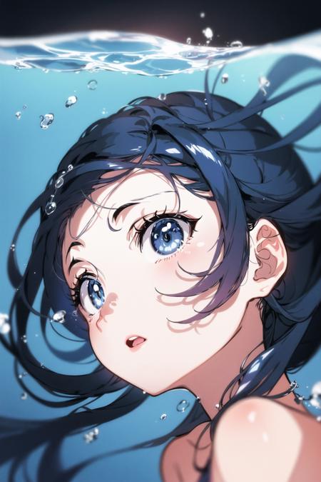 yoneyama mai, 1girl, solo, long hair, looking at viewer, open mouth, bangs, blue eyes, black hair, bare shoulders, blue hair, parted lips, water, blurry, from side, eyelashes, profile, floating hair, depth of field, blue background, looking up, portrait, bubble, blue theme, underwater, air bubble, caustics