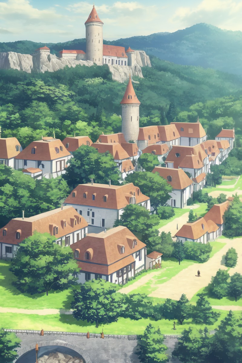 <lora:Bakuen_backgrounds:0.7> inside fantasy town, castle, few people on BG, 8k, masterpiece, absurdres, anime,