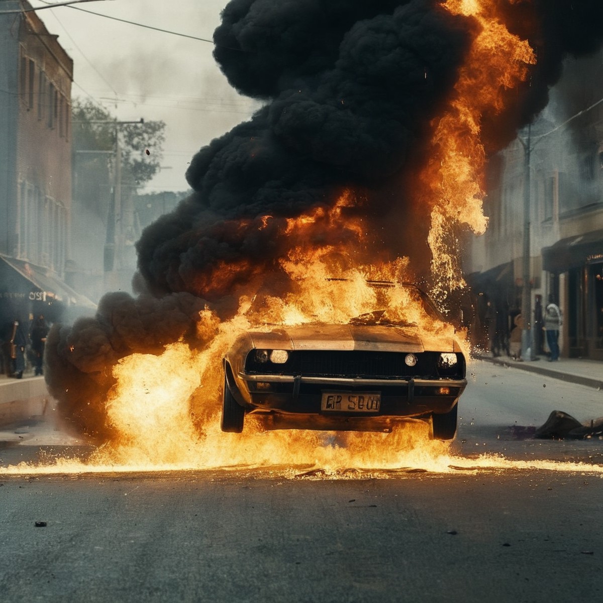 Dark Fantasy Art of cinematic film still of  <lora:Cinematic Hollywood Film:1.5>
Epic Creative Scene an exploding car is o...