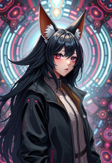 Neo Photorealistic Art Style, A Japanese girl with fox ears and flowing black hair wears a sleek windbreaker jacket. She radiates cutting-edge Neo-Japan futurism, set in a surreal, intricate futuristic background.
